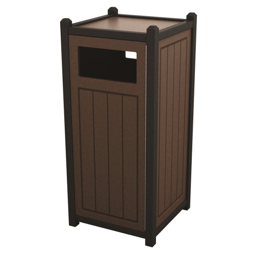 Nex-Terra® Great Lakes Side Load Trash Receptacle, All Plastic, 32 Gallon, Brown Panels w/ Black Accents